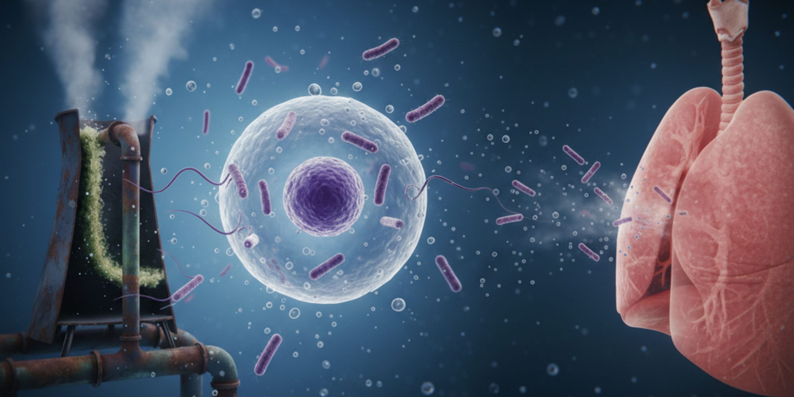 Propagation des légionelles par aérosols d’eau contaminée vers les poumons humains, risque de légionellose.