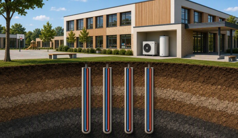 Illustration d'un bâtiment équipé d'une installation de géothermie de surface sur sondes verticales avec pompe à chaleur.